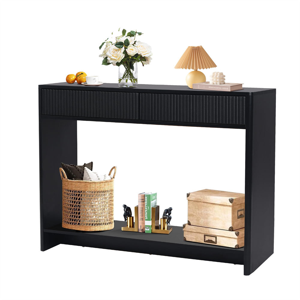Black Mid Century Farmhouse Fluted Narrow Console Table 43.3' Couch Table with Storage and Drawers
