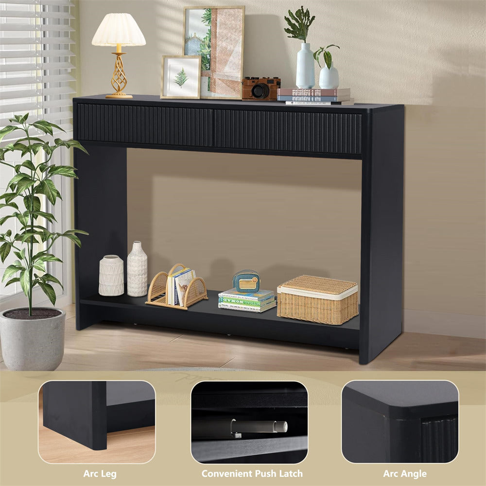 Black Mid Century Farmhouse Fluted Narrow Console Table 43.3' Couch Table with Storage and Drawers
