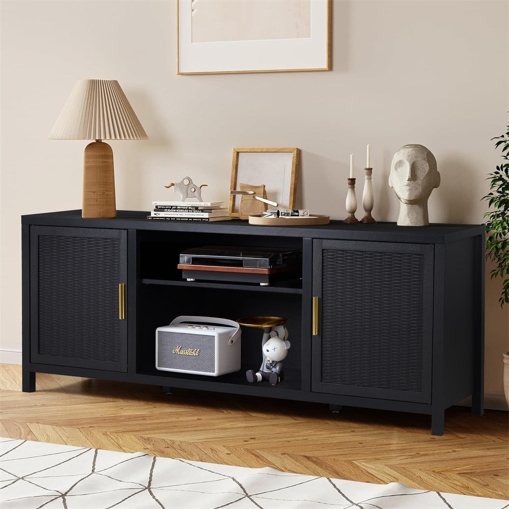 Black Mid Century Modern Rustic Rattan TV Stand 65 inch with Storage and Shelves