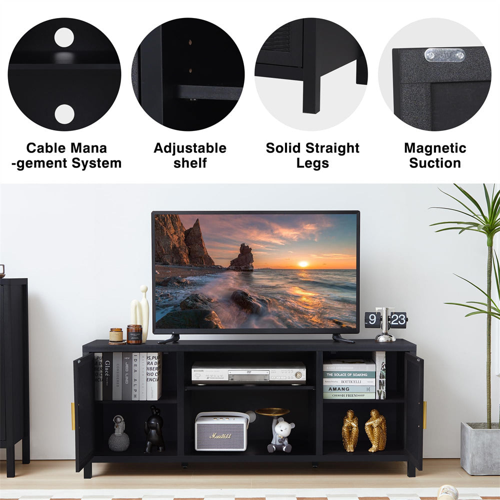 Black Mid Century Modern Rustic Rattan TV Stand 65 inch with Storage and Shelves