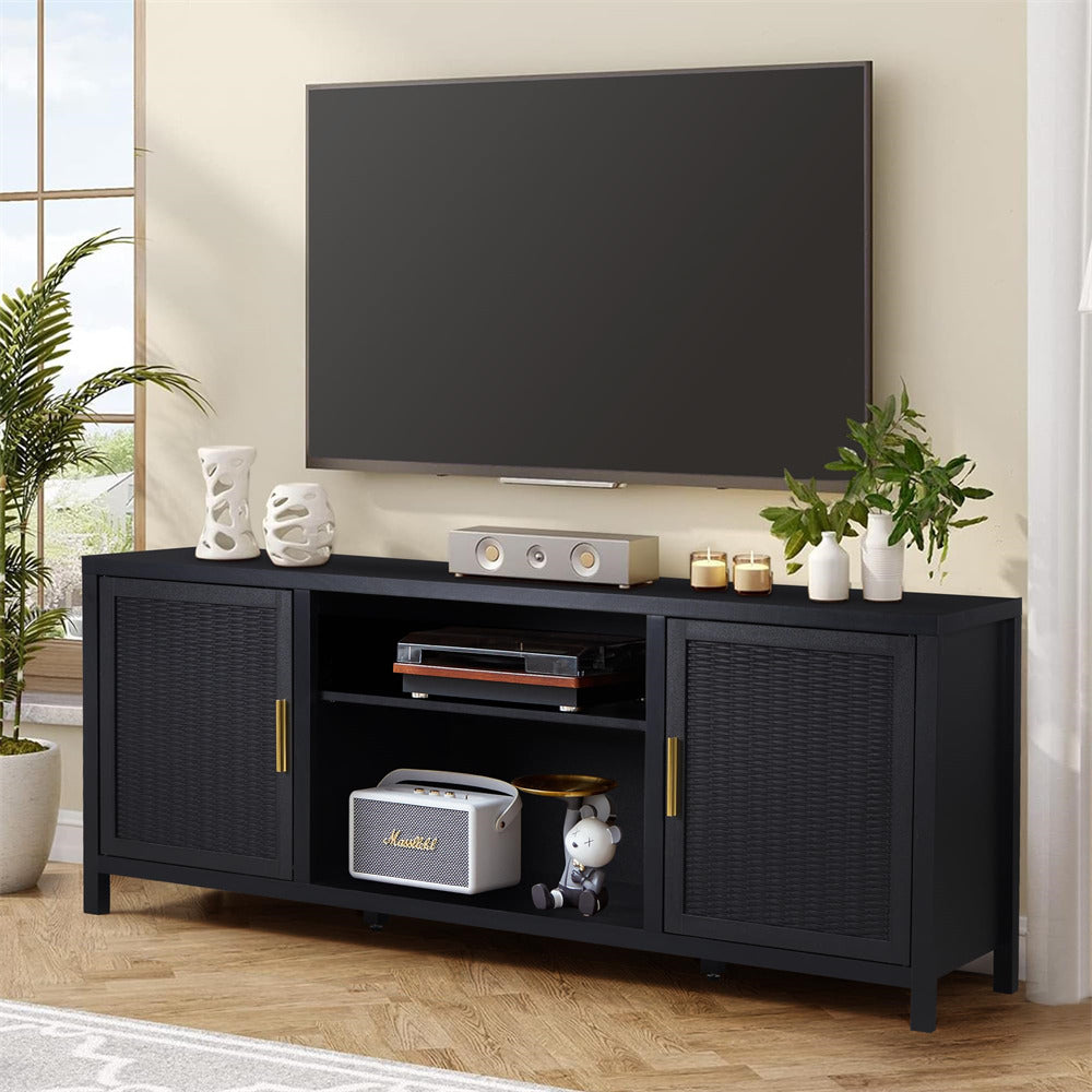 Black Mid Century Modern Rustic Rattan TV Stand 65 inch with Storage and Shelves