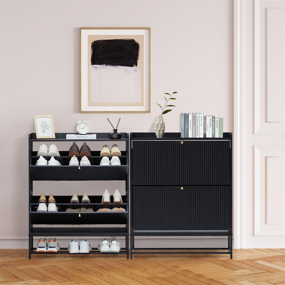 Black Modern Fluted Shoe Cabinet Entryway Shoe Rack with 2 Flip Drawers and Metal Legs