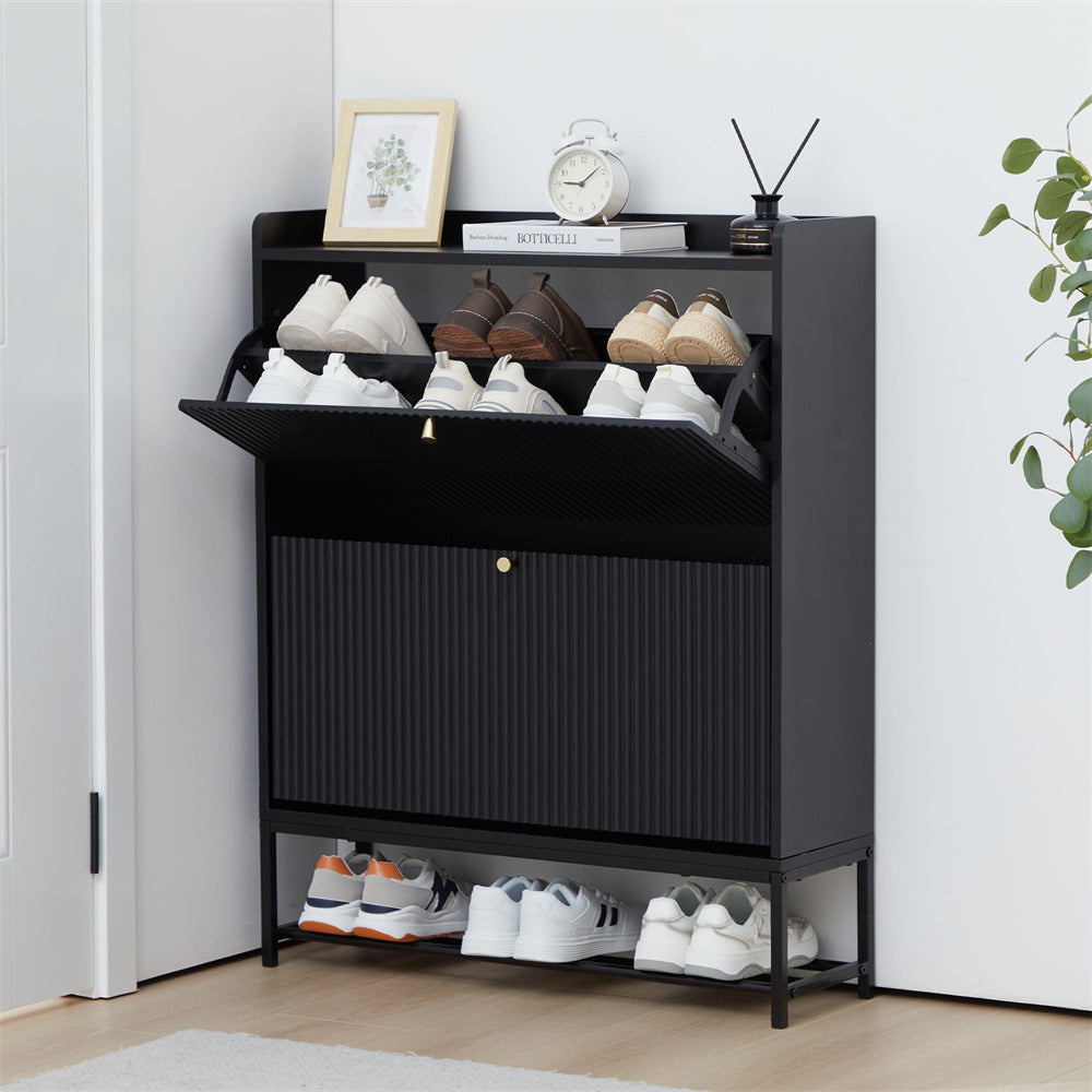 Black Modern Fluted Shoe Cabinet Entryway Shoe Rack with 2 Flip Drawers and Metal Legs