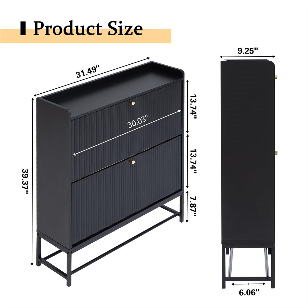 Black Modern Fluted Shoe Cabinet Entryway Shoe Rack with 2 Flip Drawers and Metal Legs