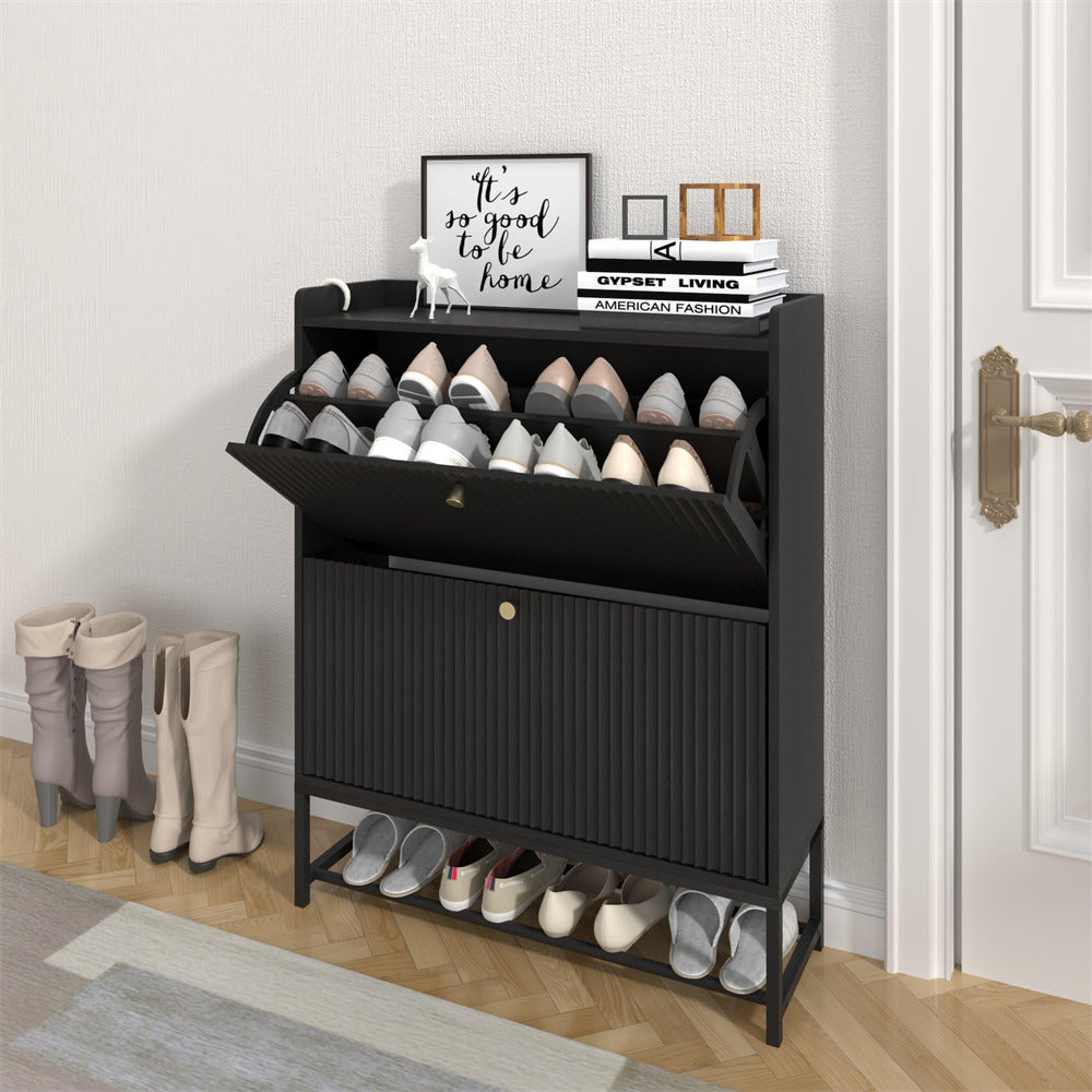 Black Modern Fluted Shoe Cabinet Entryway Shoe Rack with 2 Flip Drawers and Metal Legs