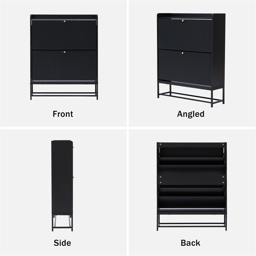 Black Modern Fluted Shoe Cabinet Entryway Shoe Rack with 2 Flip Drawers and Metal Legs