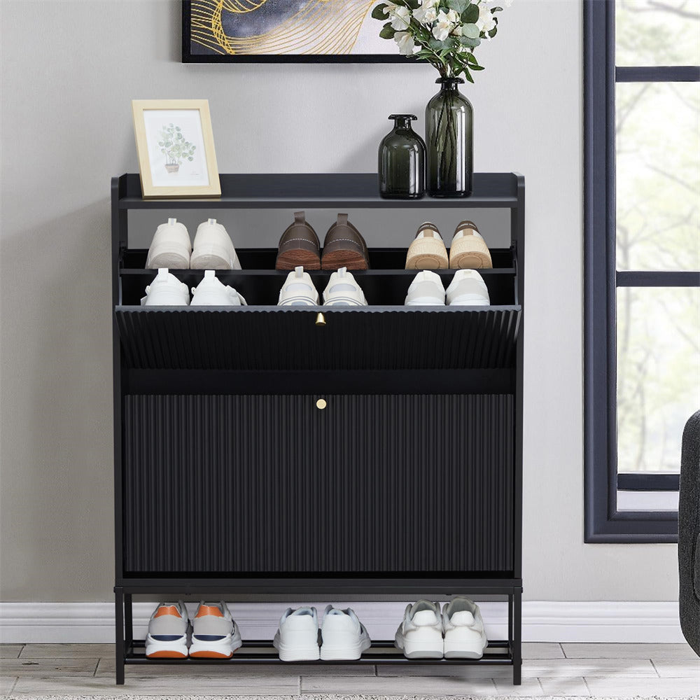 Black Modern Fluted Shoe Cabinet Entryway Shoe Rack with 2 Flip Drawers and Metal Legs