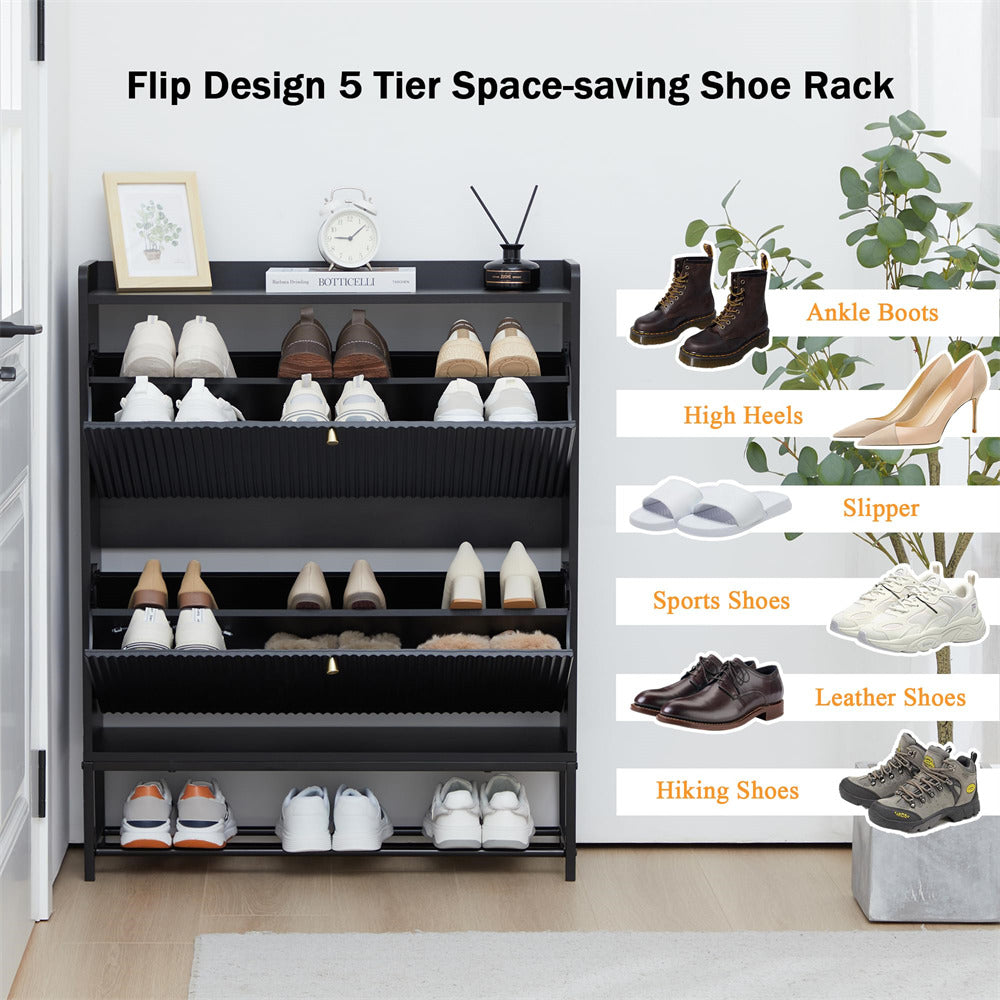Black Modern Fluted Shoe Cabinet Entryway Shoe Rack with 2 Flip Drawers and Metal Legs