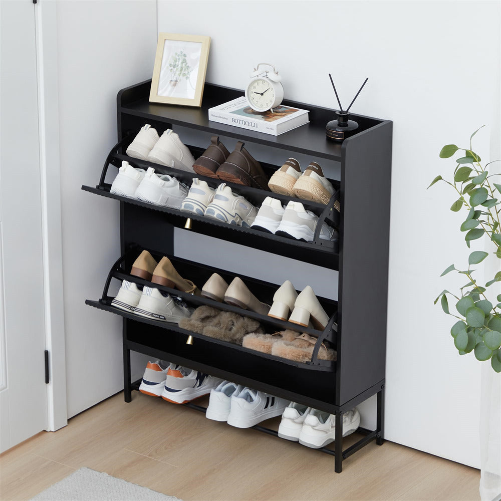 Black Modern Fluted Shoe Cabinet Entryway Shoe Rack with 2 Flip Drawers and Metal Legs