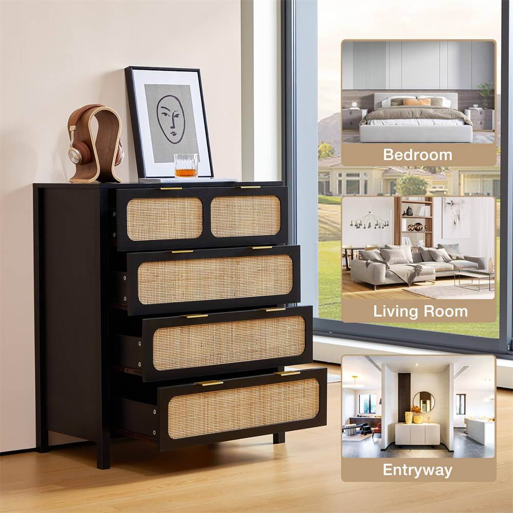 Black Modern Rattan 4 Drawers Dresser Table