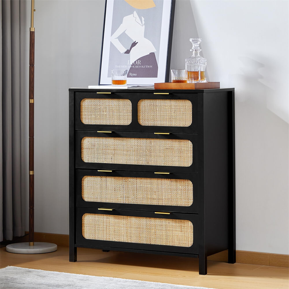 Black Modern Rattan 4 Drawers Dresser Table