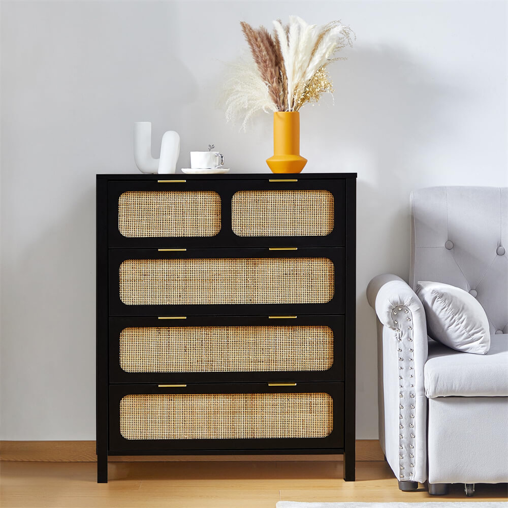 Black Modern Rattan 4 Drawers Dresser Table