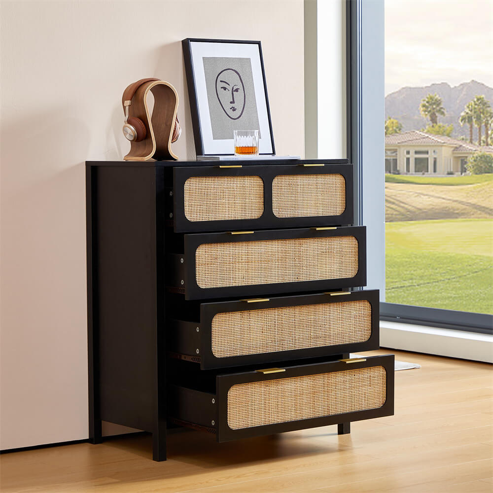 Black Modern Rattan 4 Drawers Dresser Table