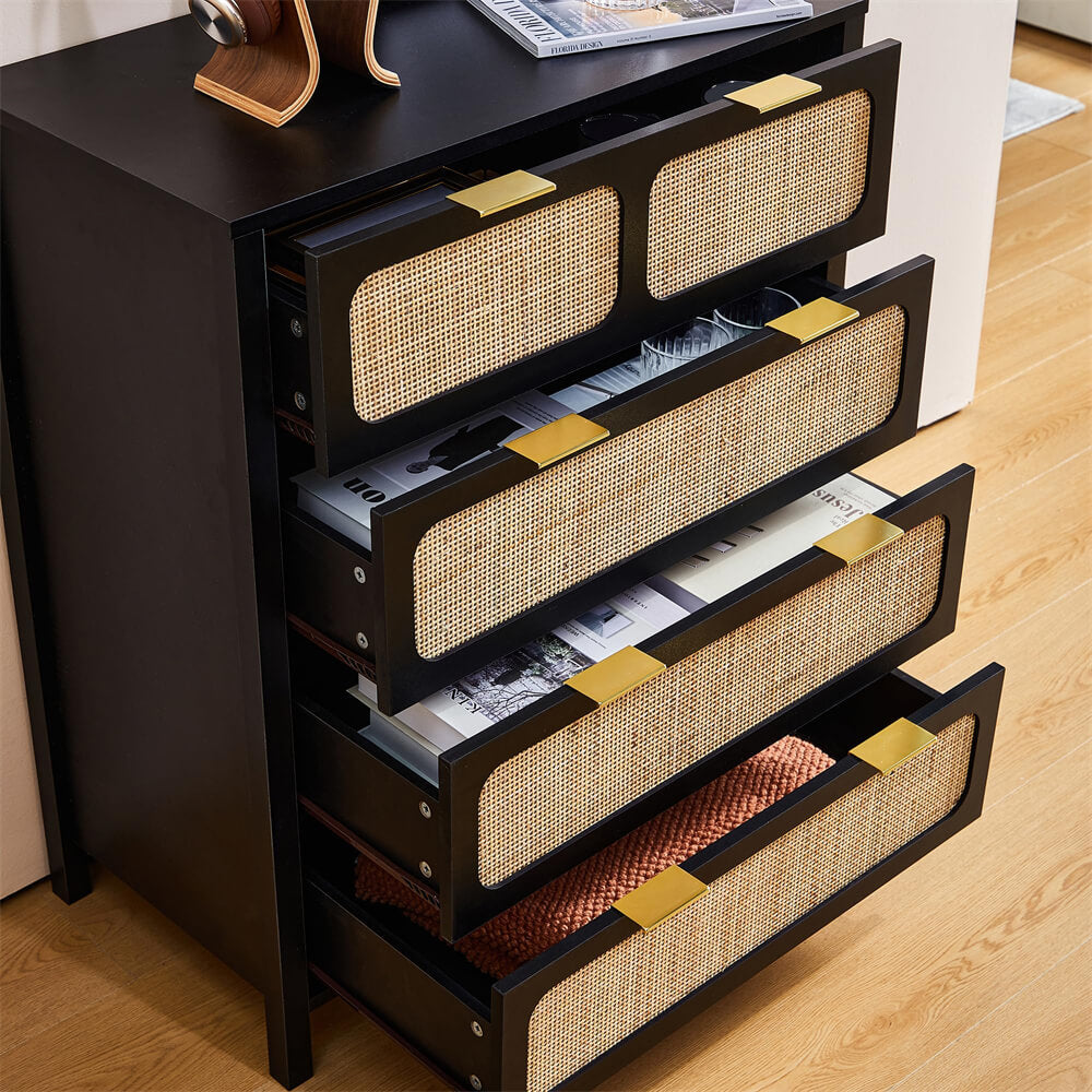 Black Modern Rattan 4 Drawers Dresser Table