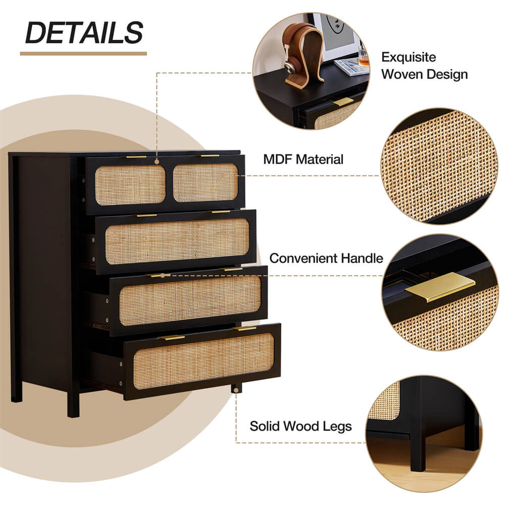 Black Modern Rattan 4 Drawers Dresser Table