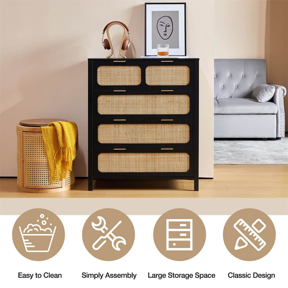 Black Modern Rattan 4 Drawers Dresser Table