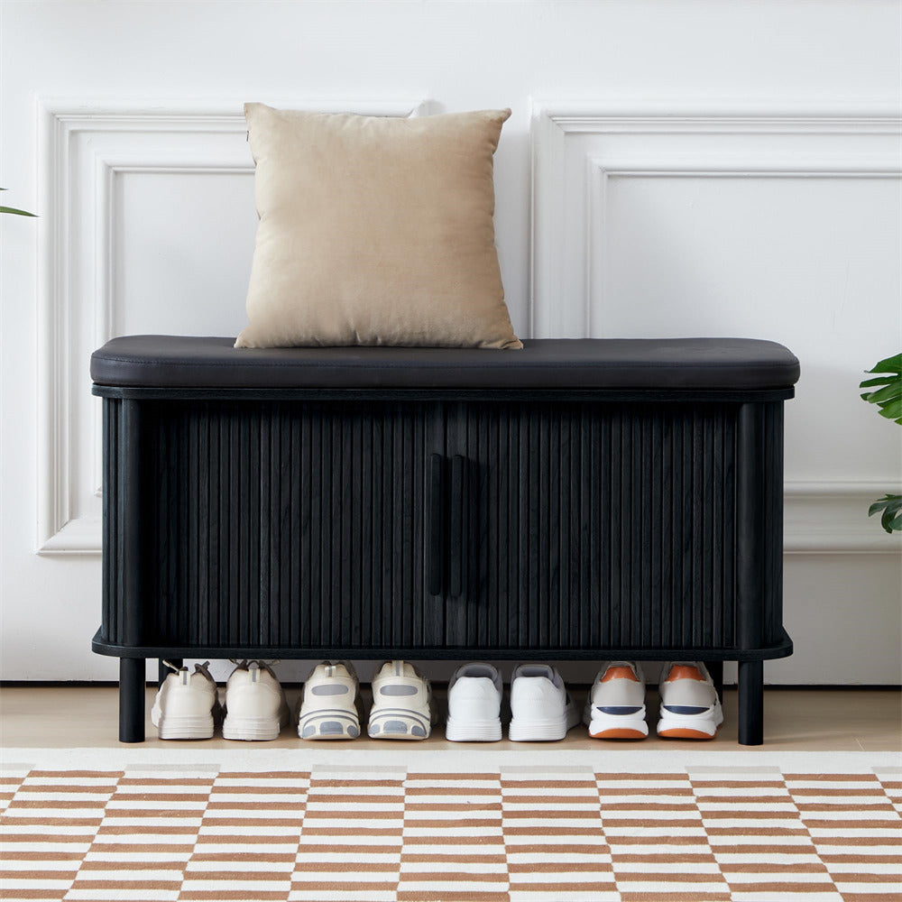 Black Modern Shoe Storage Bench with Leather Cushion and Sliding Door