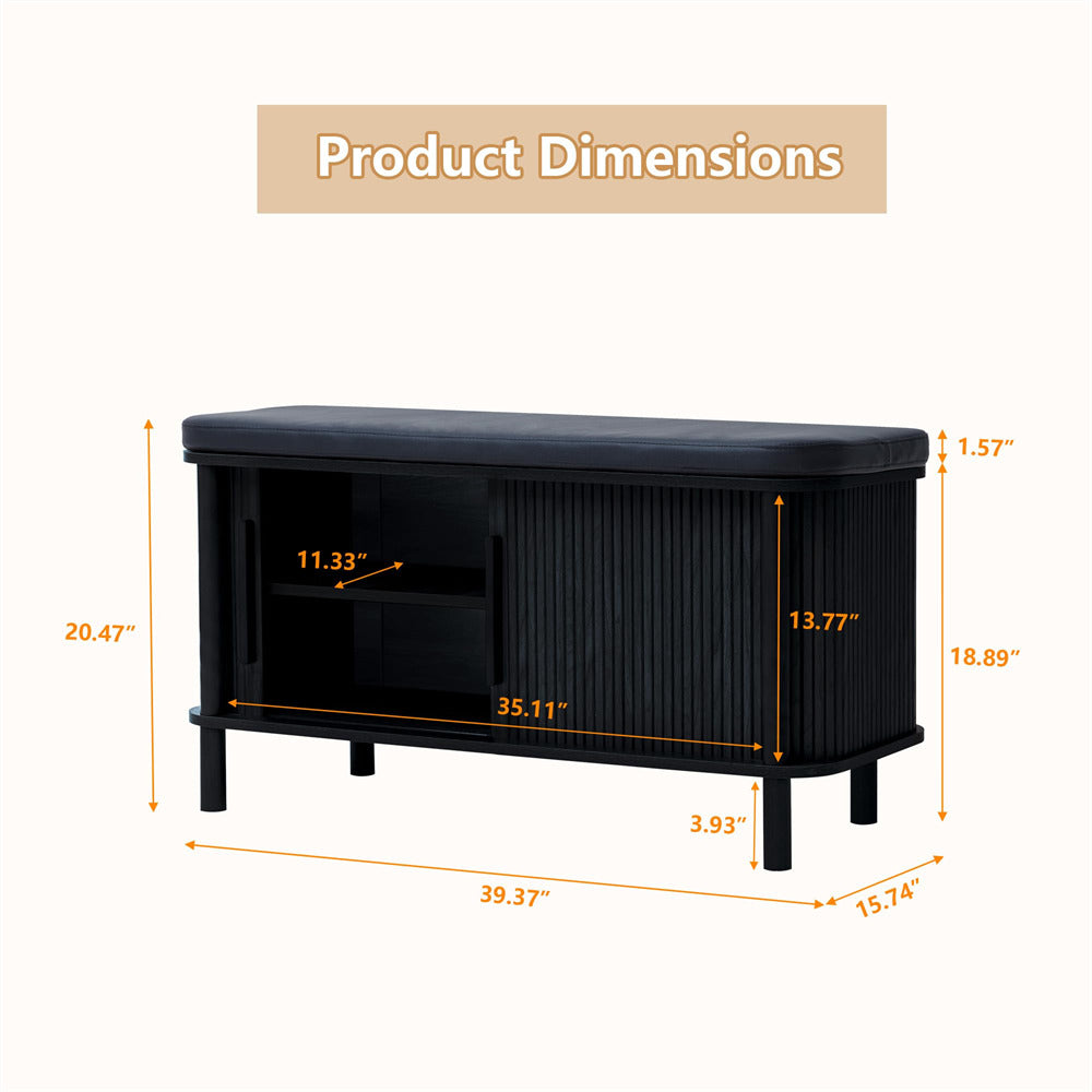 Black Modern Shoe Storage Bench with Leather Cushion and Sliding Door