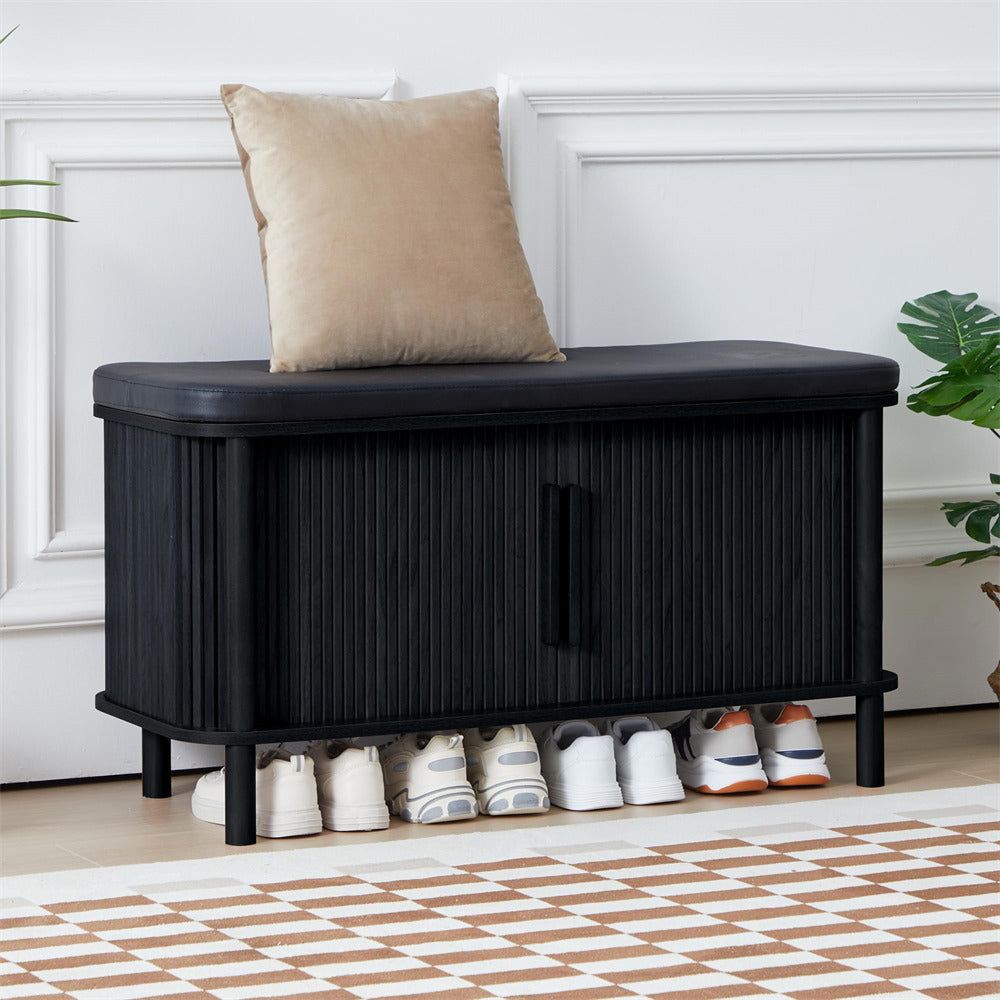 Black Modern Shoe Storage Bench with Leather Cushion and Sliding Door