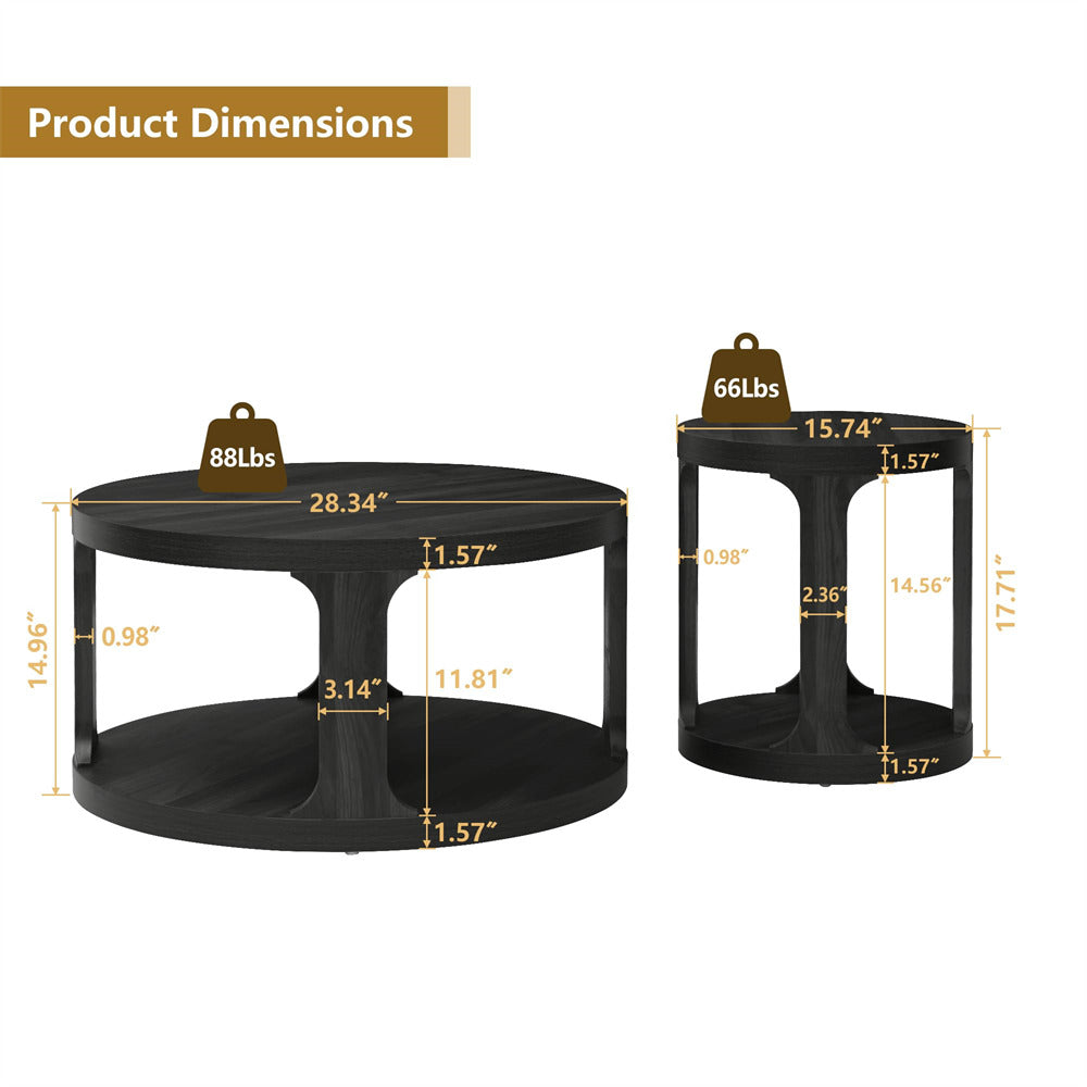 Black Modern Side Table Round Nesting Coffee Table Set of 2 with Storage Shelf