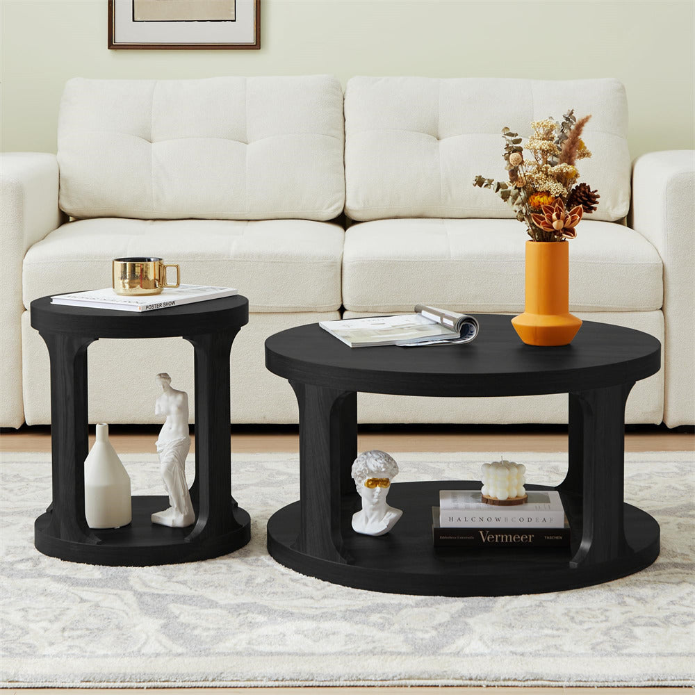Black Modern Side Table Round Nesting Coffee Table Set of 2 with Storage Shelf