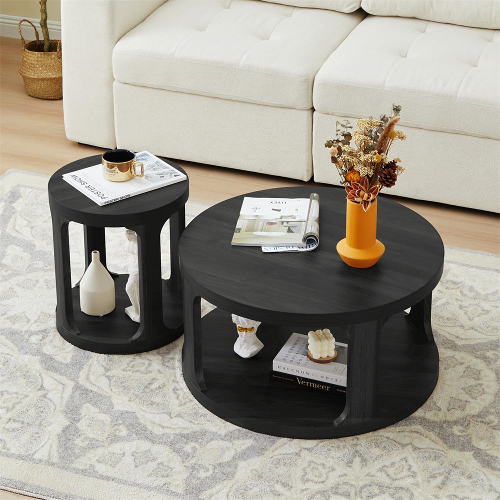 Black Modern Side Table Round Nesting Coffee Table Set of 2 with Storage Shelf