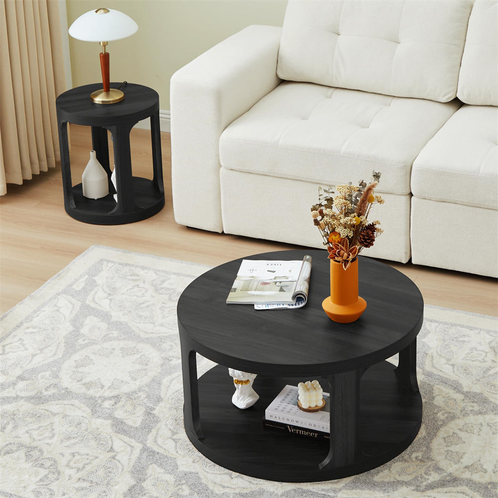 Black Modern Side Table Round Nesting Coffee Table Set of 2 with Storage Shelf