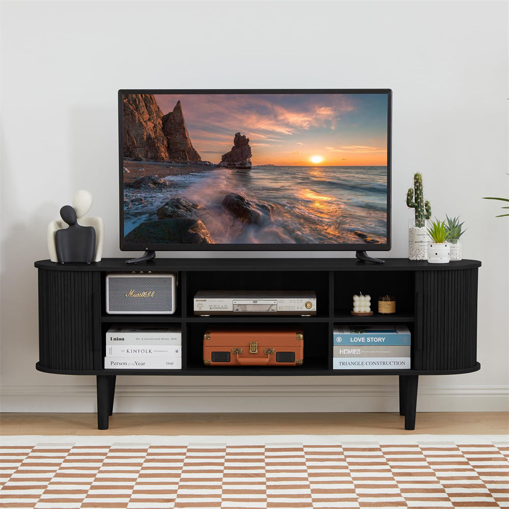 Black Modern TV Stand 65 Inch Console Table with Storage Compartment and Sliding Door