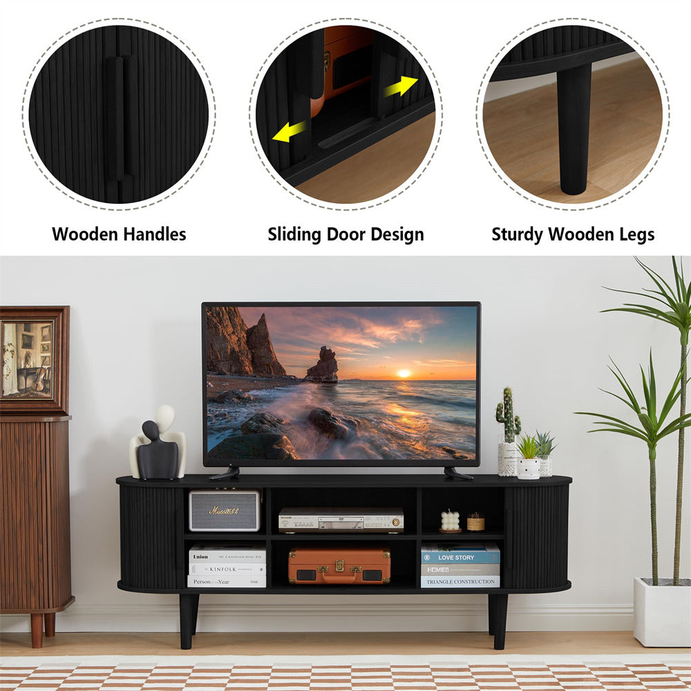 Black Modern TV Stand 65 Inch Console Table with Storage Compartment and Sliding Door