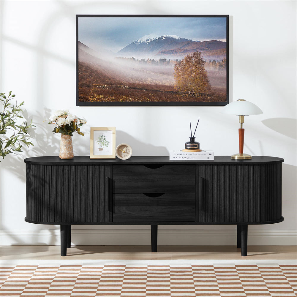 Black Modern TV Stand Console Table Entertainment Center with Storage Compartment and Sliding Door