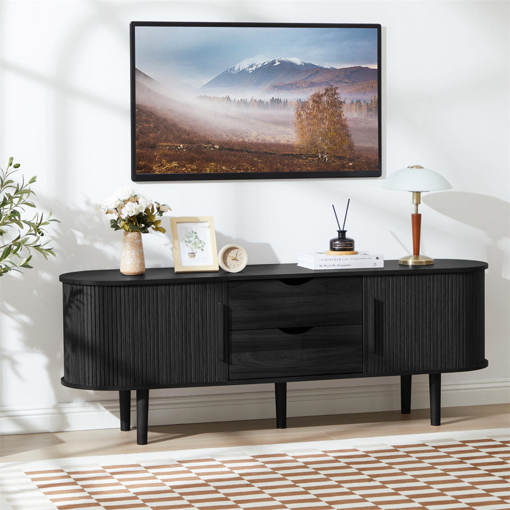 Black Modern TV Stand Console Table Entertainment Center with Storage Compartment and Sliding Door