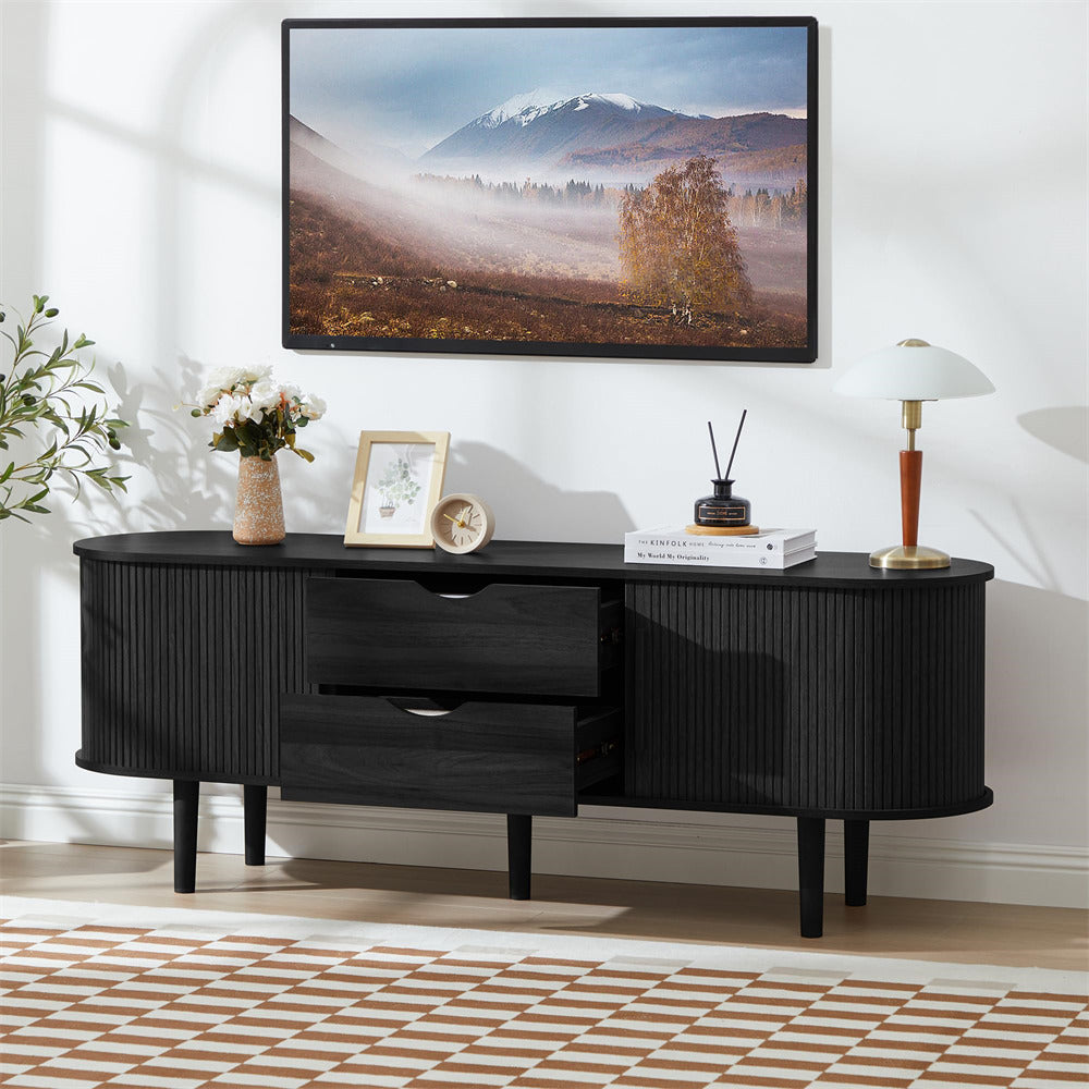 Black Modern TV Stand Console Table Entertainment Center with Storage Compartment and Sliding Door