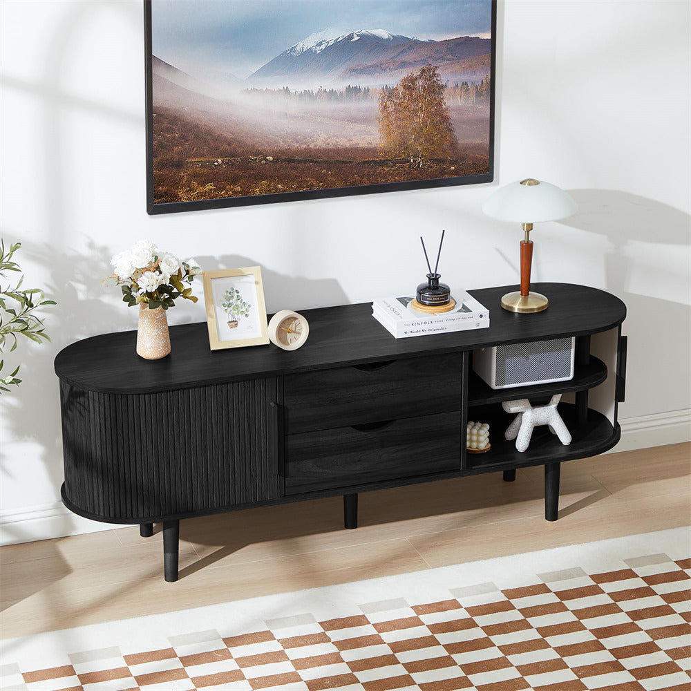 Black Modern TV Stand Console Table Entertainment Center with Storage Compartment and Sliding Door