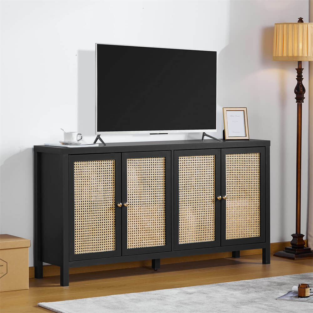 Rattan Storage Cabinet Sideboard Buffet Black with 4 Doors and Adjustable Shelves