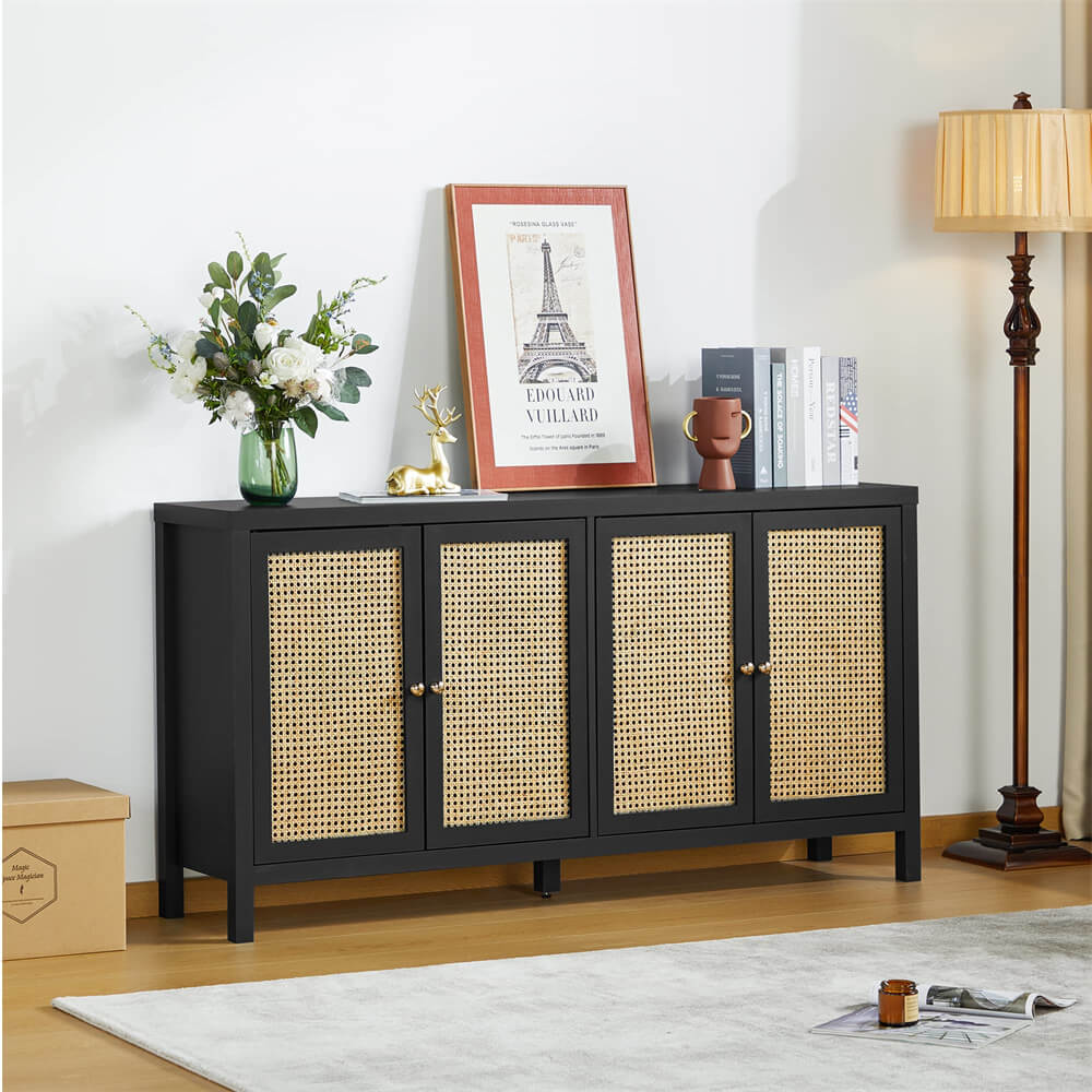 Rattan Storage Cabinet Sideboard Buffet Black with 4 Doors and Adjustable Shelves