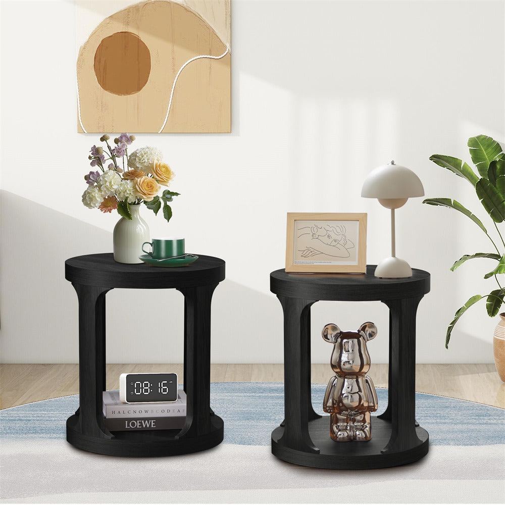 Black Sofa Side Table Set with 2-Tier Open Storage Shelves