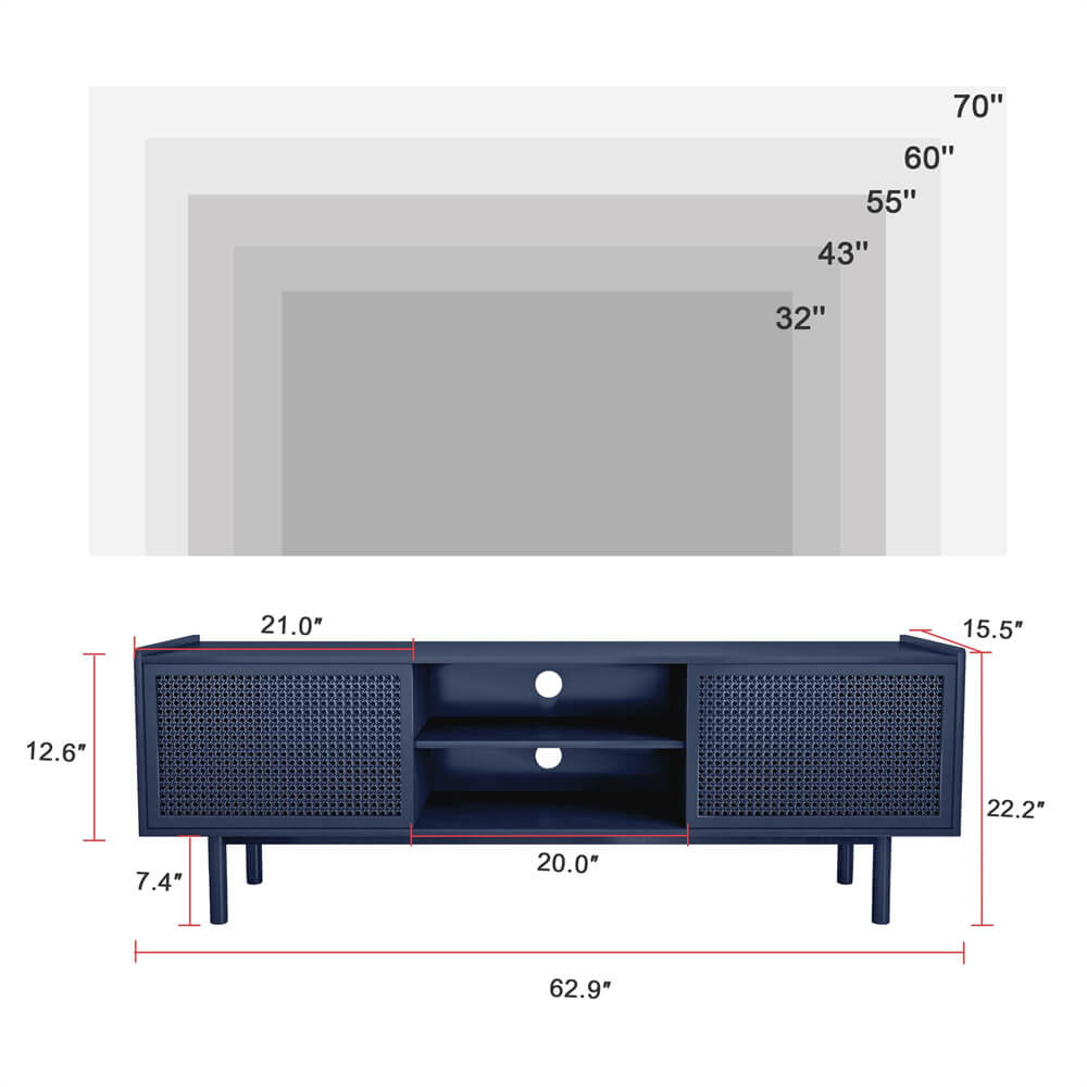Blue Iron Rattan TV Stand Storage Cabinet with Adjustable Shelves