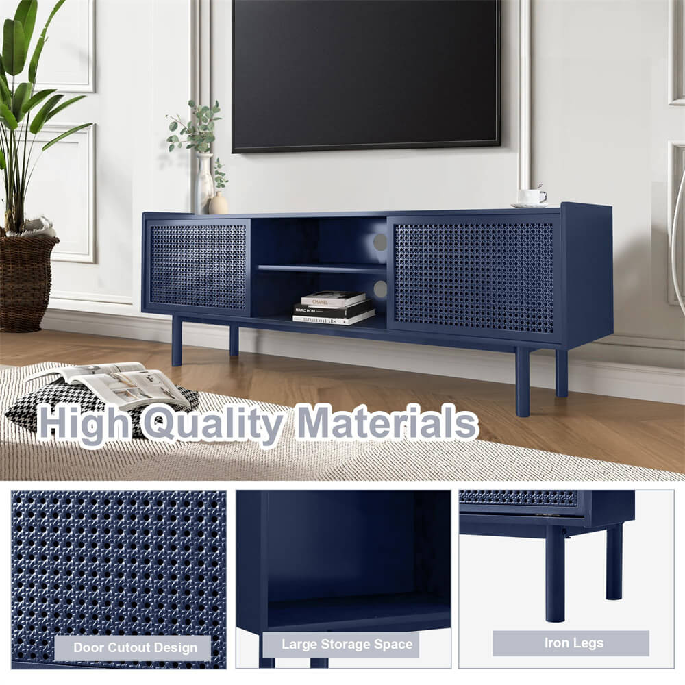 Blue Iron Rattan TV Stand Storage Cabinet with Adjustable Shelves