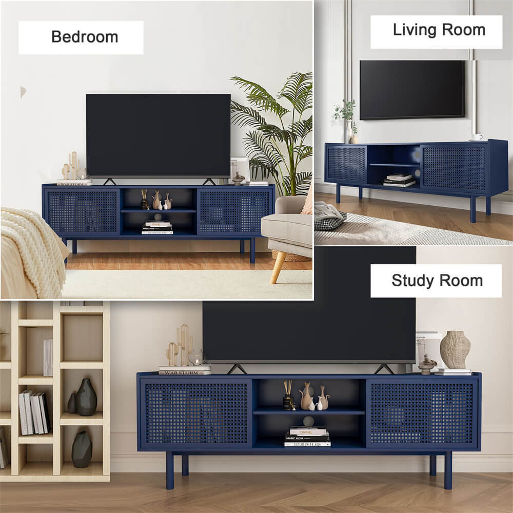 Blue Iron Rattan TV Stand Storage Cabinet with Adjustable Shelves