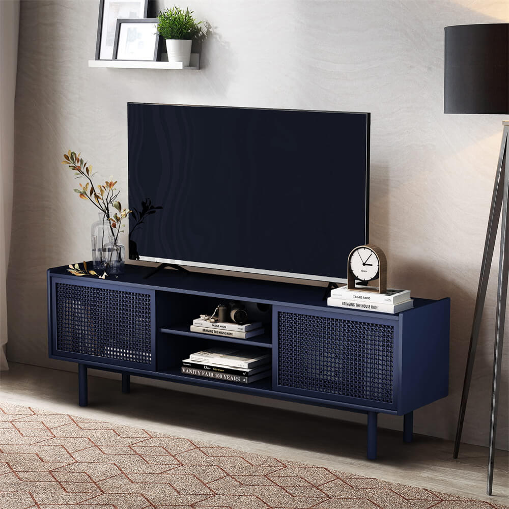 Blue Iron Rattan TV Stand Storage Cabinet with Adjustable Shelves