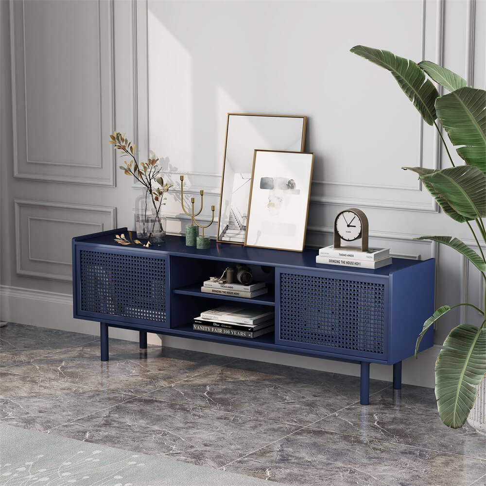 Blue Iron Rattan TV Stand Storage Cabinet with Adjustable Shelves