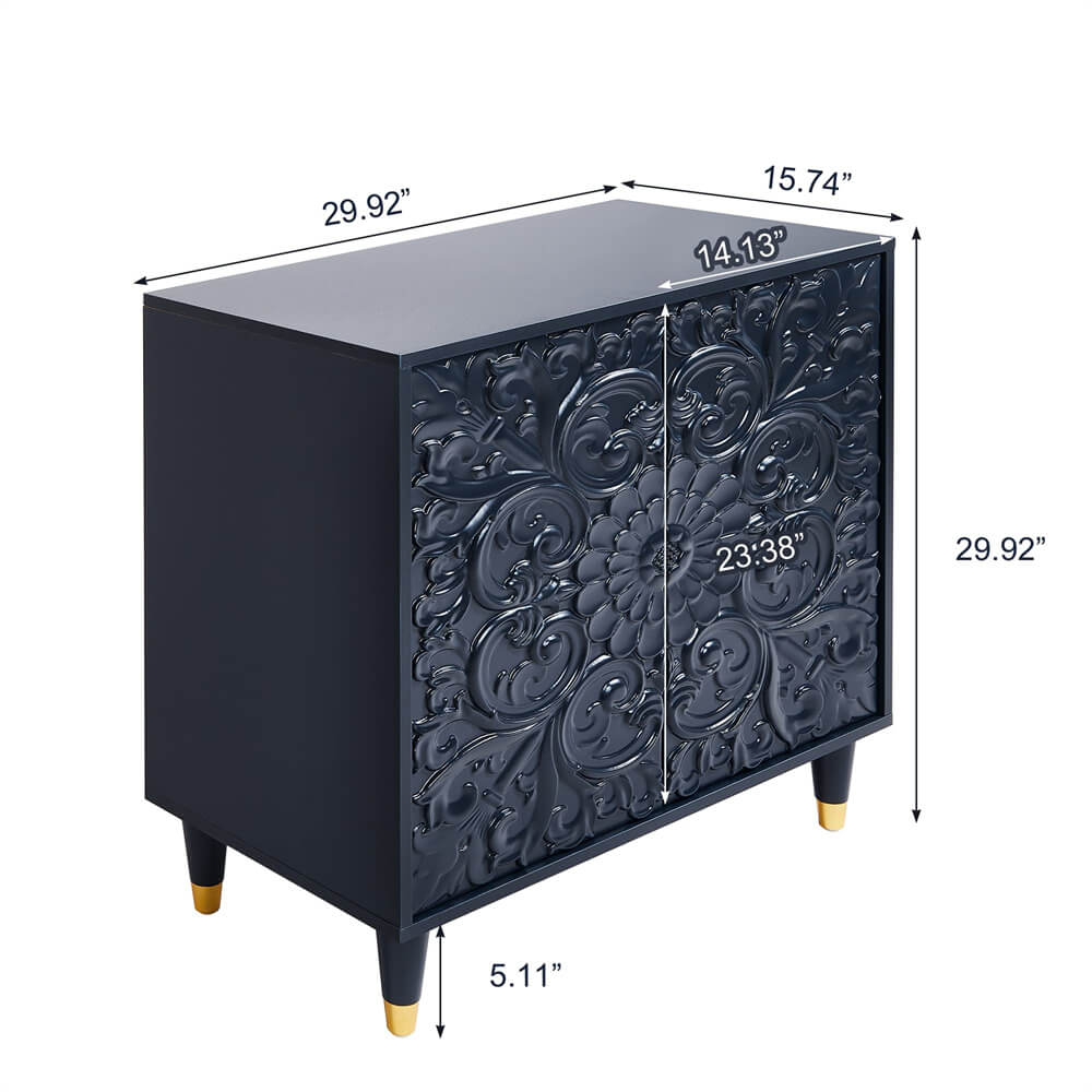 Blue Modern Wooden Storage Buffet Sideboard Cabinet with Engraved Design and Double Doors