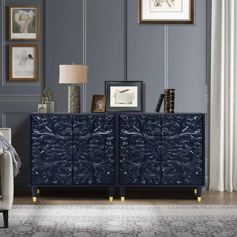 Blue Modern Wooden Storage Buffet Sideboard Cabinet with Engraved Design and Double Doors