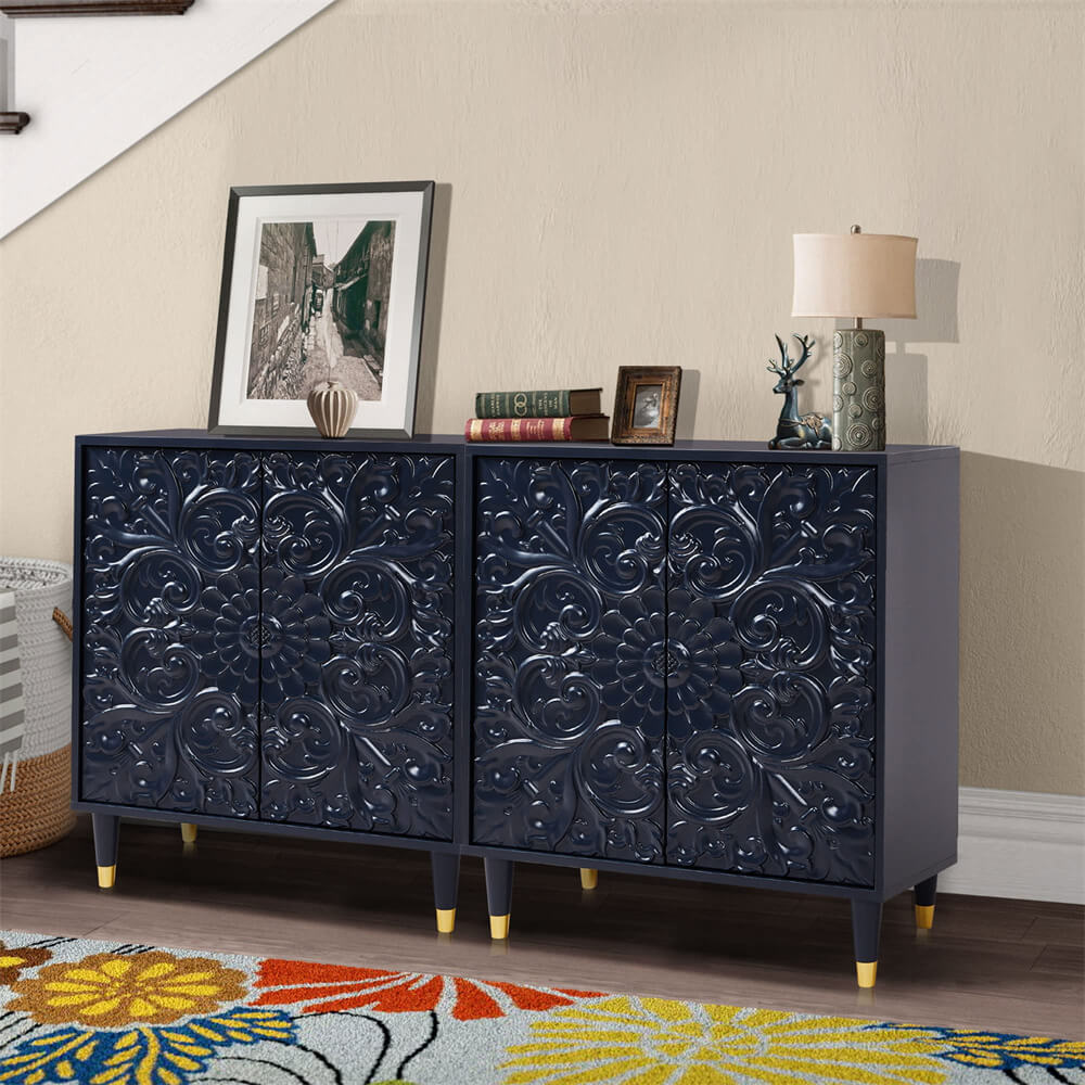 Blue Modern Wooden Storage Buffet Sideboard Cabinet with Engraved Design and Double Doors