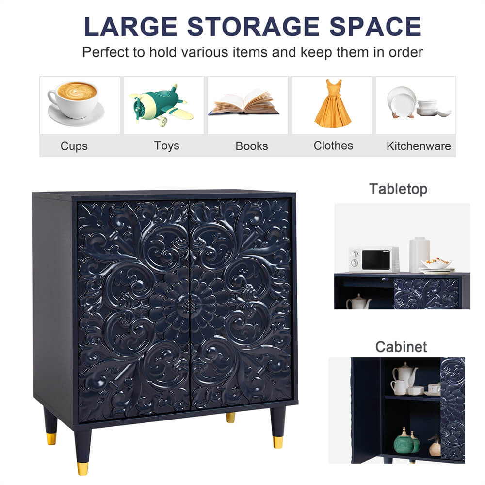 Blue Modern Wooden Storage Buffet Sideboard Cabinet with Engraved Design and Double Doors