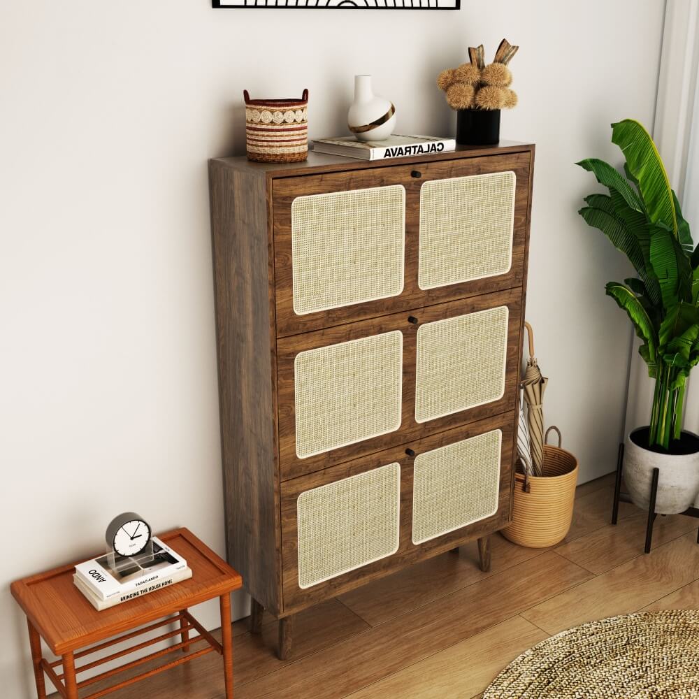 Walnut Natural Rattan 3 Drawer Shoe Cabinet