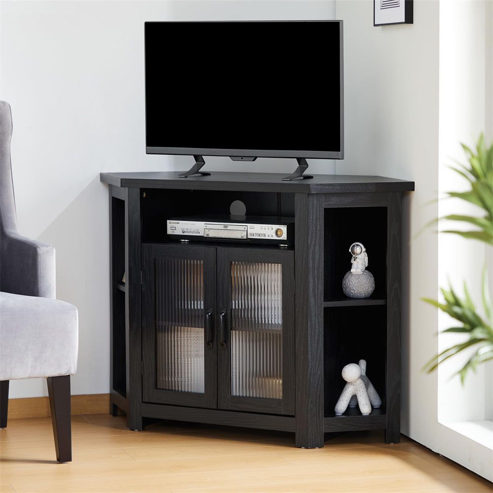 Farmhouse Black Corner TV Stand Media Console Table with 2 Doors and Adjustable Shelves