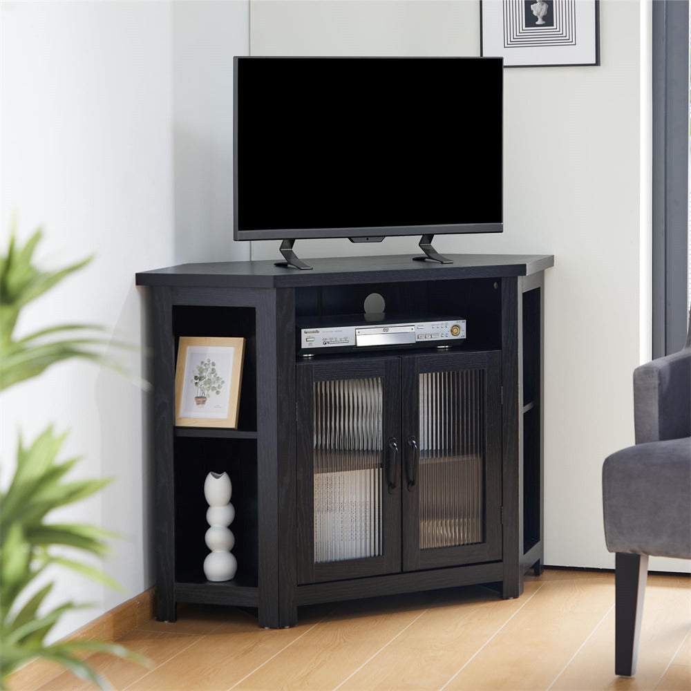 Farmhouse Black Corner TV Stand Media Console Table with 2 Doors and Adjustable Shelves