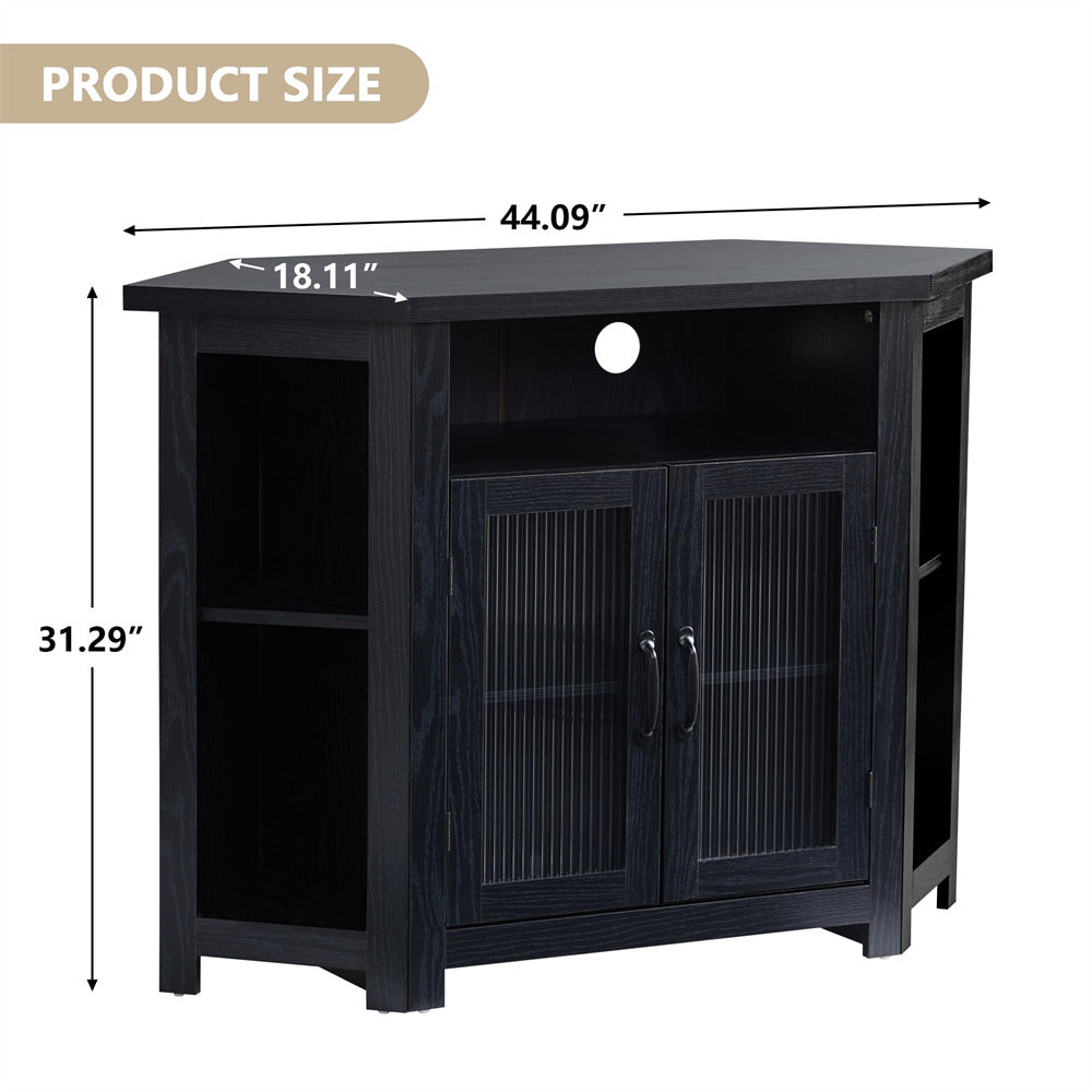 Farmhouse Black Corner TV Stand Media Console Table with 2 Doors and Adjustable Shelves