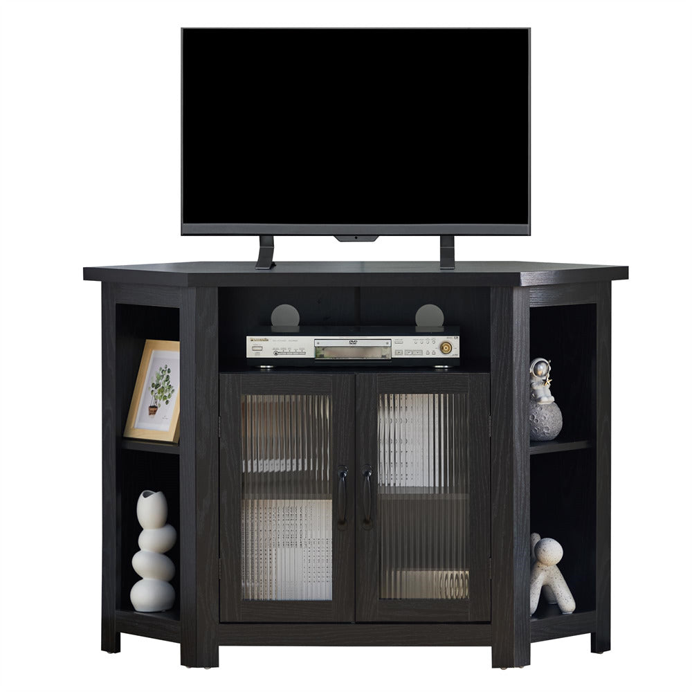 Farmhouse Black Corner TV Stand Media Console Table with 2 Doors and Adjustable Shelves